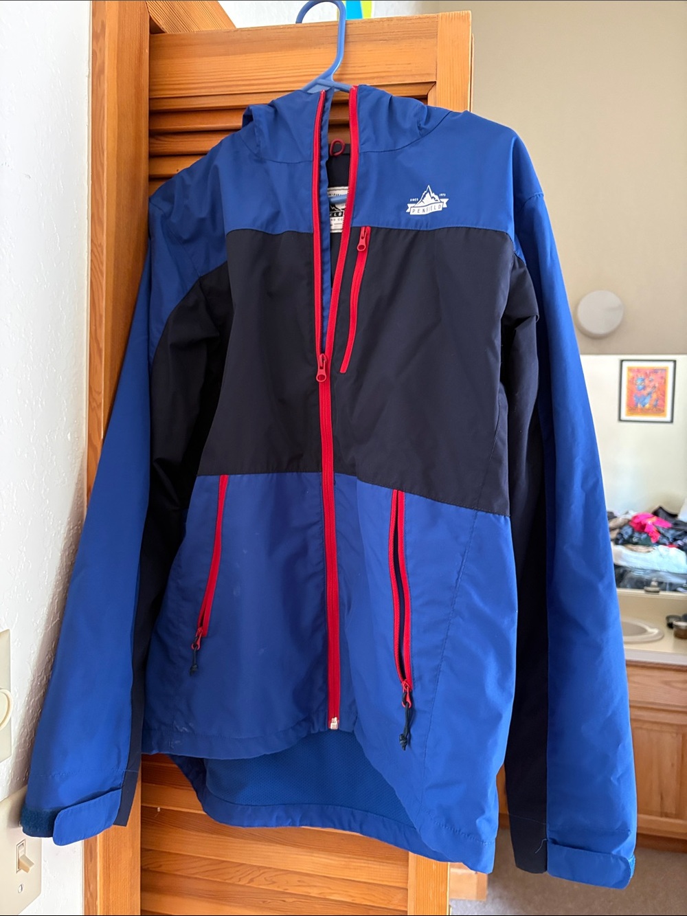 Penfield Blue and Black Hooded Jacket with Red Accents